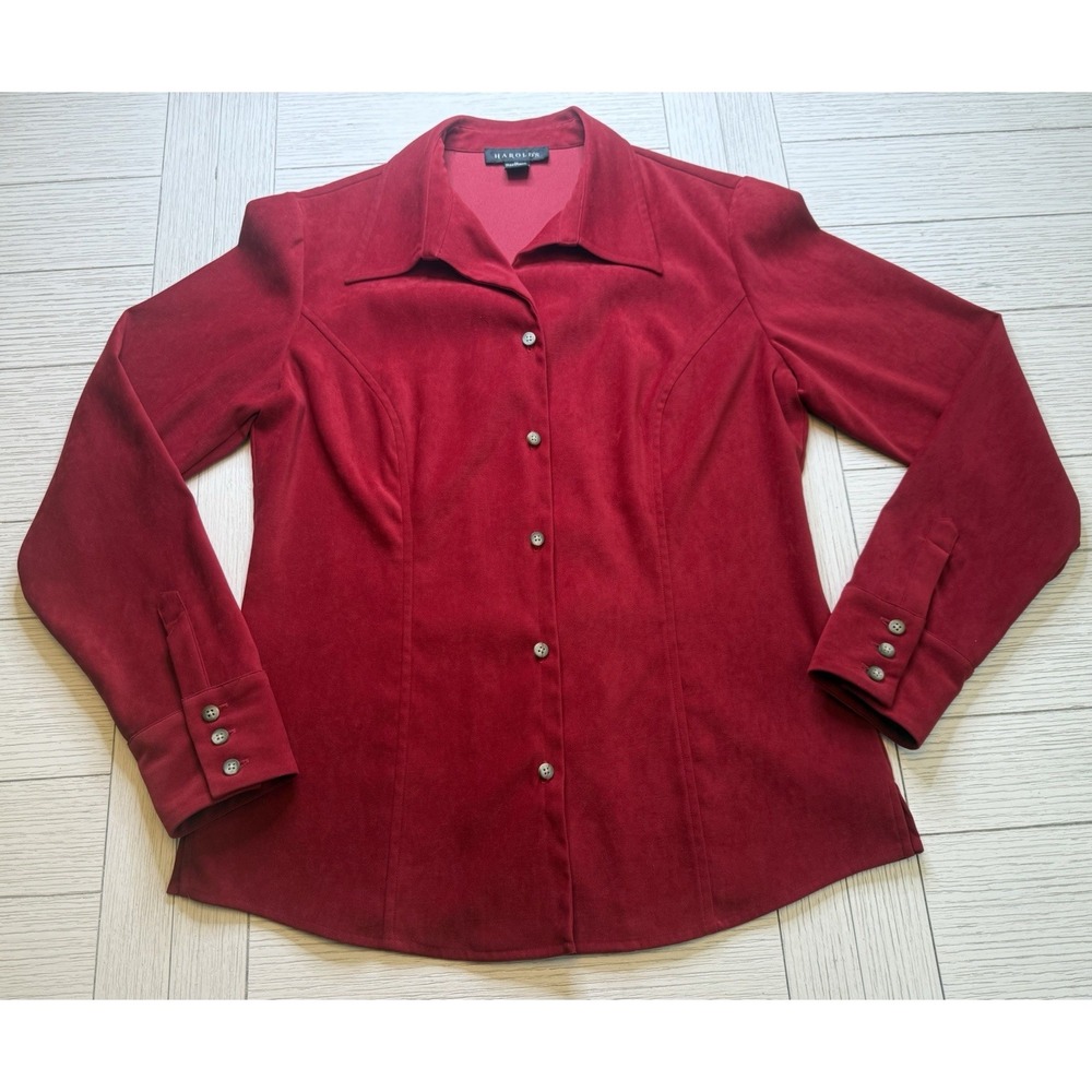 Harold's Vintage Red Ladies‎ Long Sleeve Button Down Velvet Feel Blouse. Sz 10